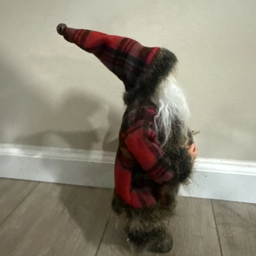 16‎ inch Tall Standing Santa Claus Holding JOY sign Red Plaid Coat Fur Accents
